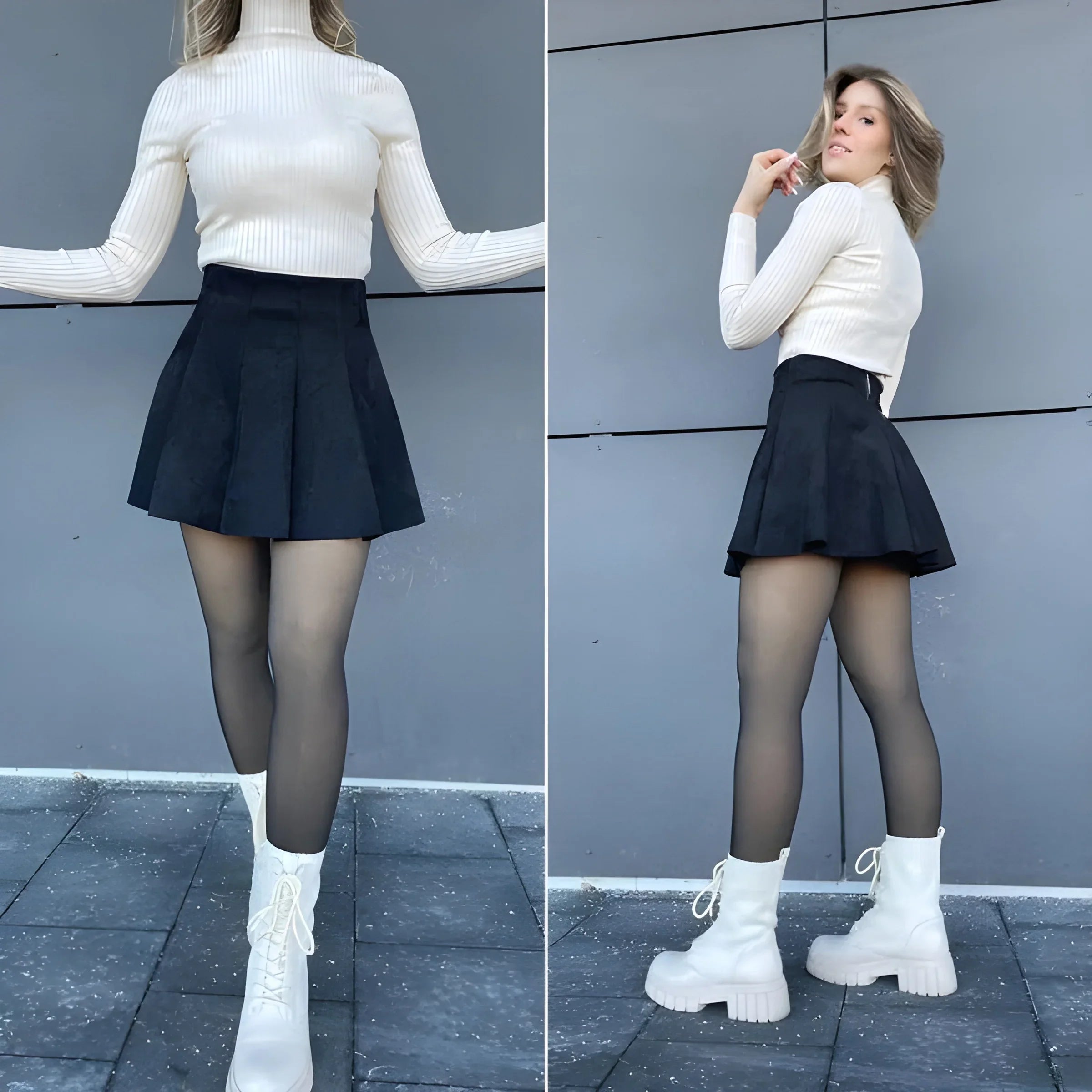 Woman in Formivelle fleece-lined tights, black skirt, white ribbed top, and white boots