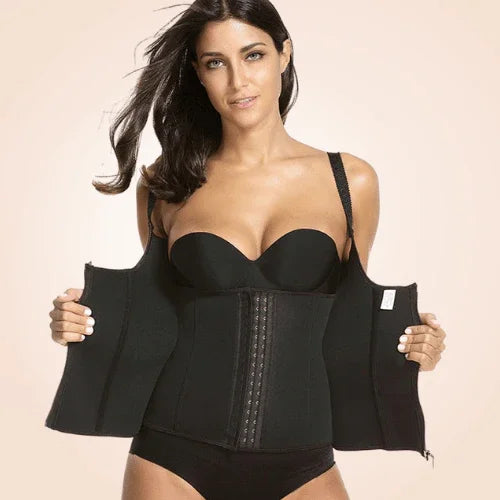 Woman wearing black sauna waist trainer corset, showcasing Formivelle tummy control shapewear.