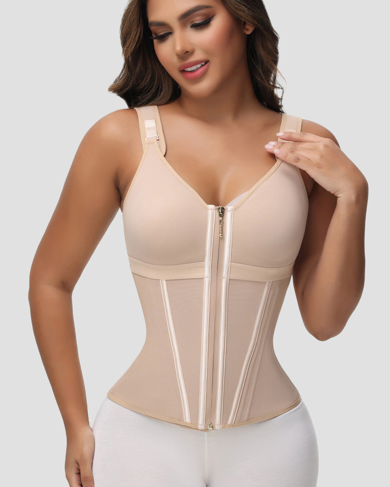 Formivelle Boned Latex Zipper Corset Tummy Control Body Shaper Vest With Bra