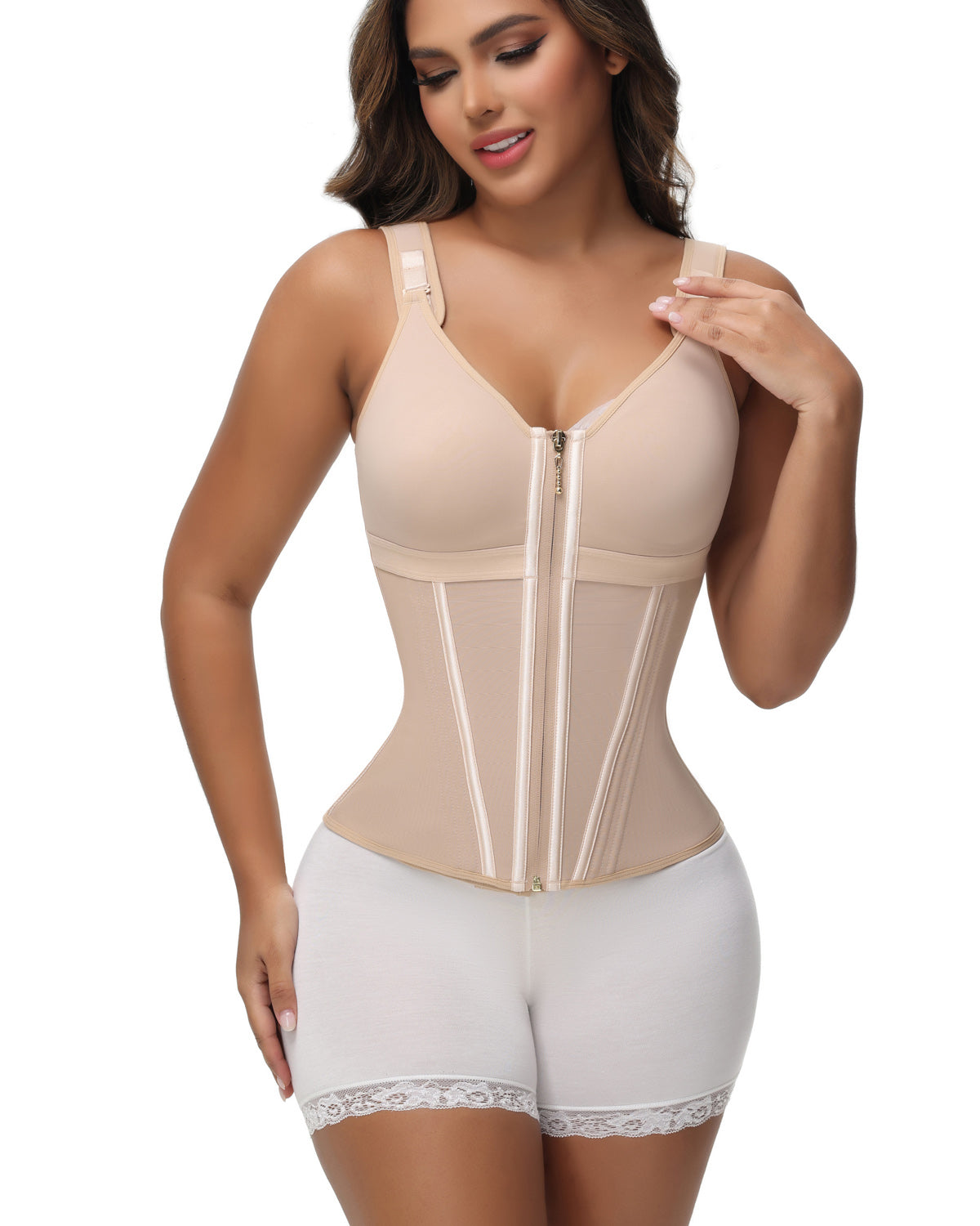 Formivelle Boned Latex Zipper Corset Tummy Control Body Shaper Vest With Bra