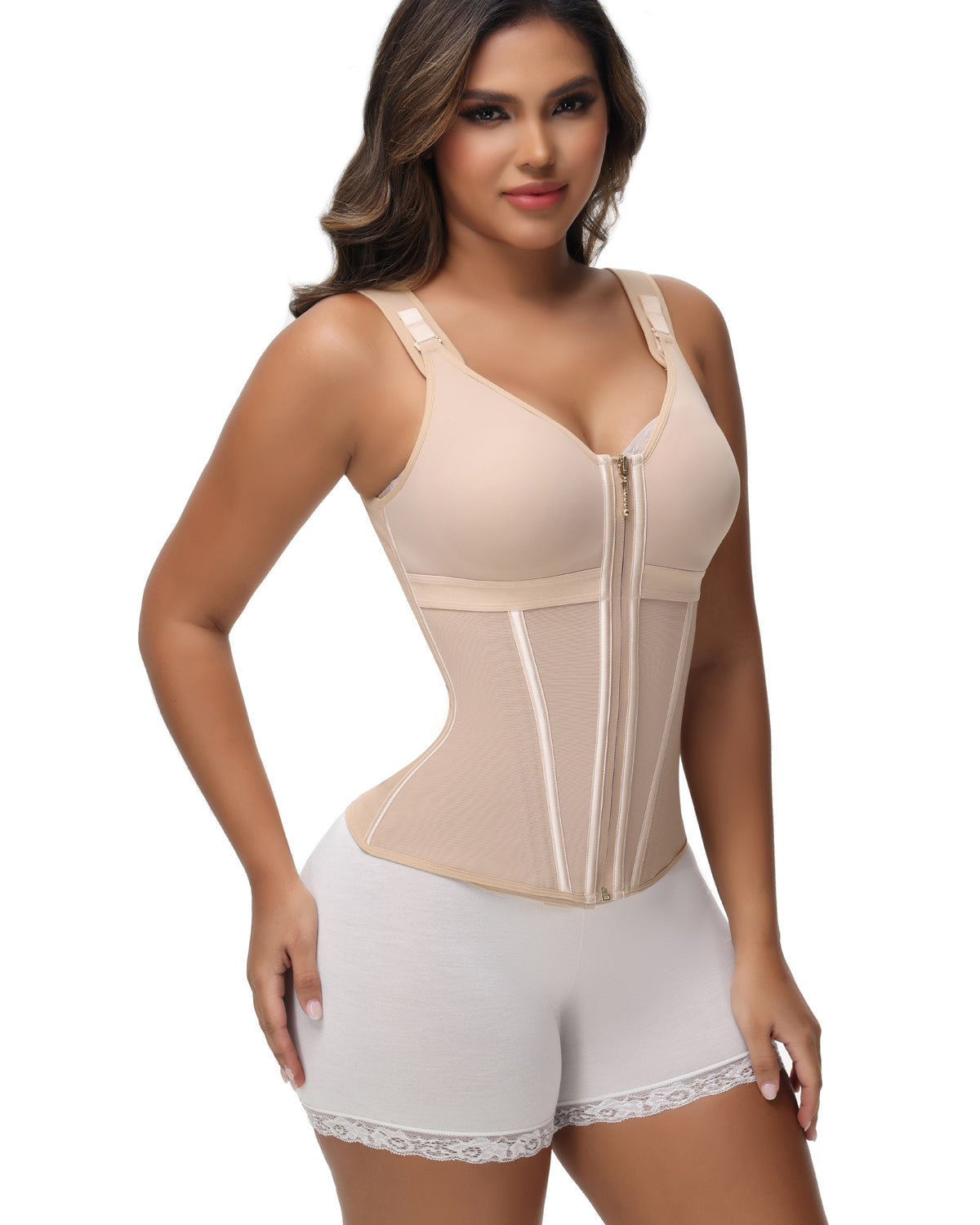 Formivelle Boned Latex Zipper Corset Tummy Control Body Shaper Vest With Bra
