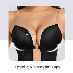 Formivelle backless body shaper bra with seamless, stereoscopic black cups and clear straps