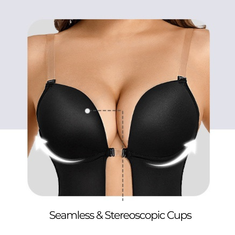 Formivelle backless body shaper bra with seamless, stereoscopic black cups and clear straps