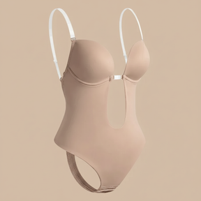 Beige backless bodysuit shapewear with adjustable straps by Formivelle on neutral background