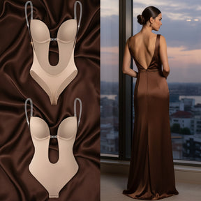 Beige backless bodysuit shapewear on satin and woman in backless brown dress by window, Formivelle