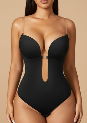 Woman modeling a black backless bodysuit thong with plunge neckline, Formivelle shapewear