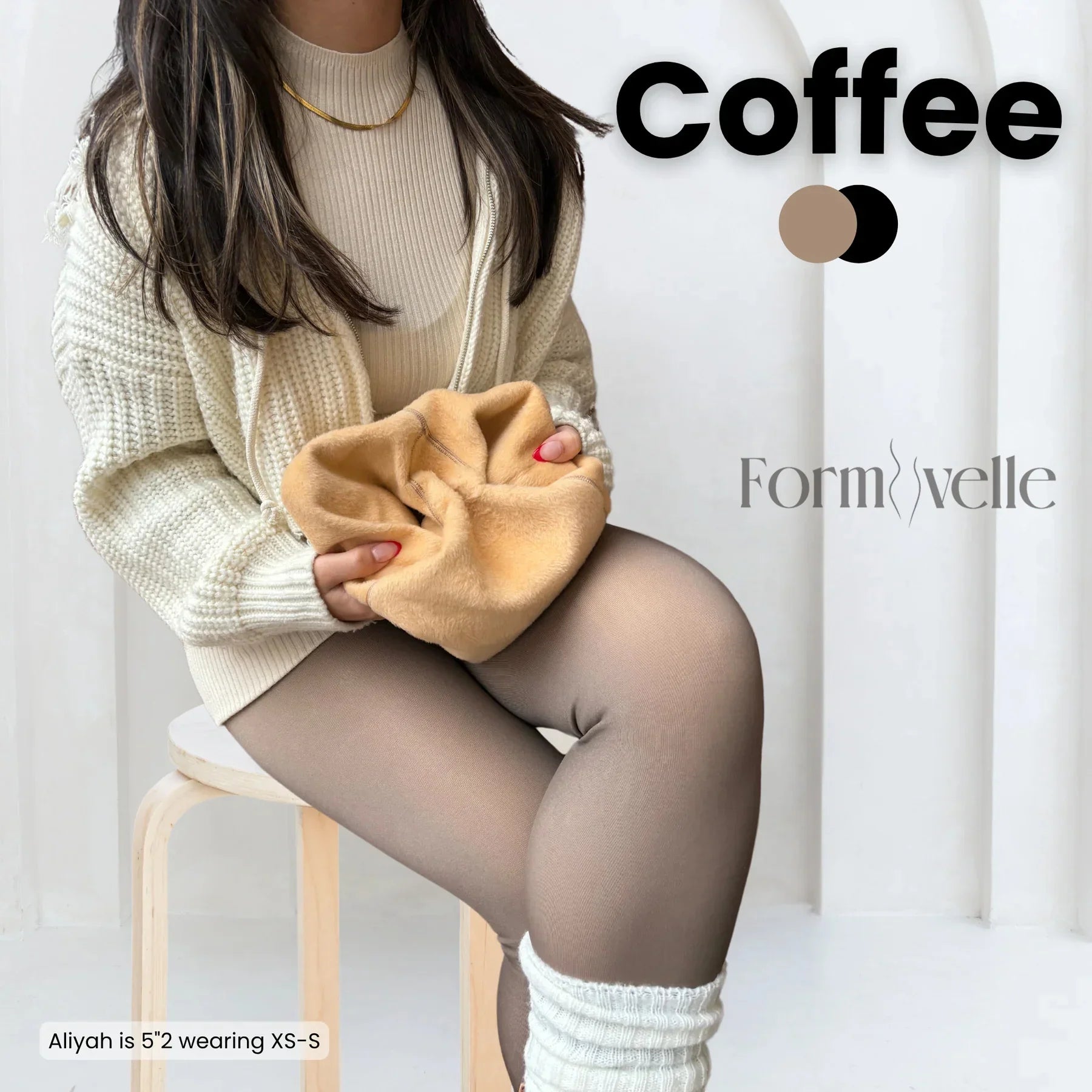 Woman wearing Formivelle coffee fleece-lined tights and cream sweater, holding plush lining.