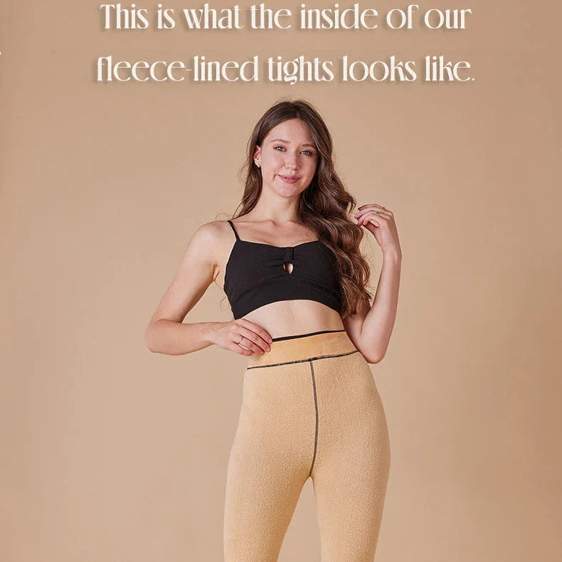 Woman wearing Formivelle fleece-lined tights inside out, showing soft inner lining and seam details.