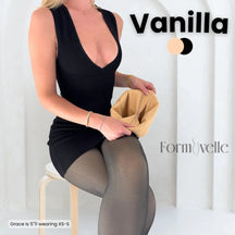 Formivelle fleece-lined tights in vanilla, model seated in black dress, showing product texture
