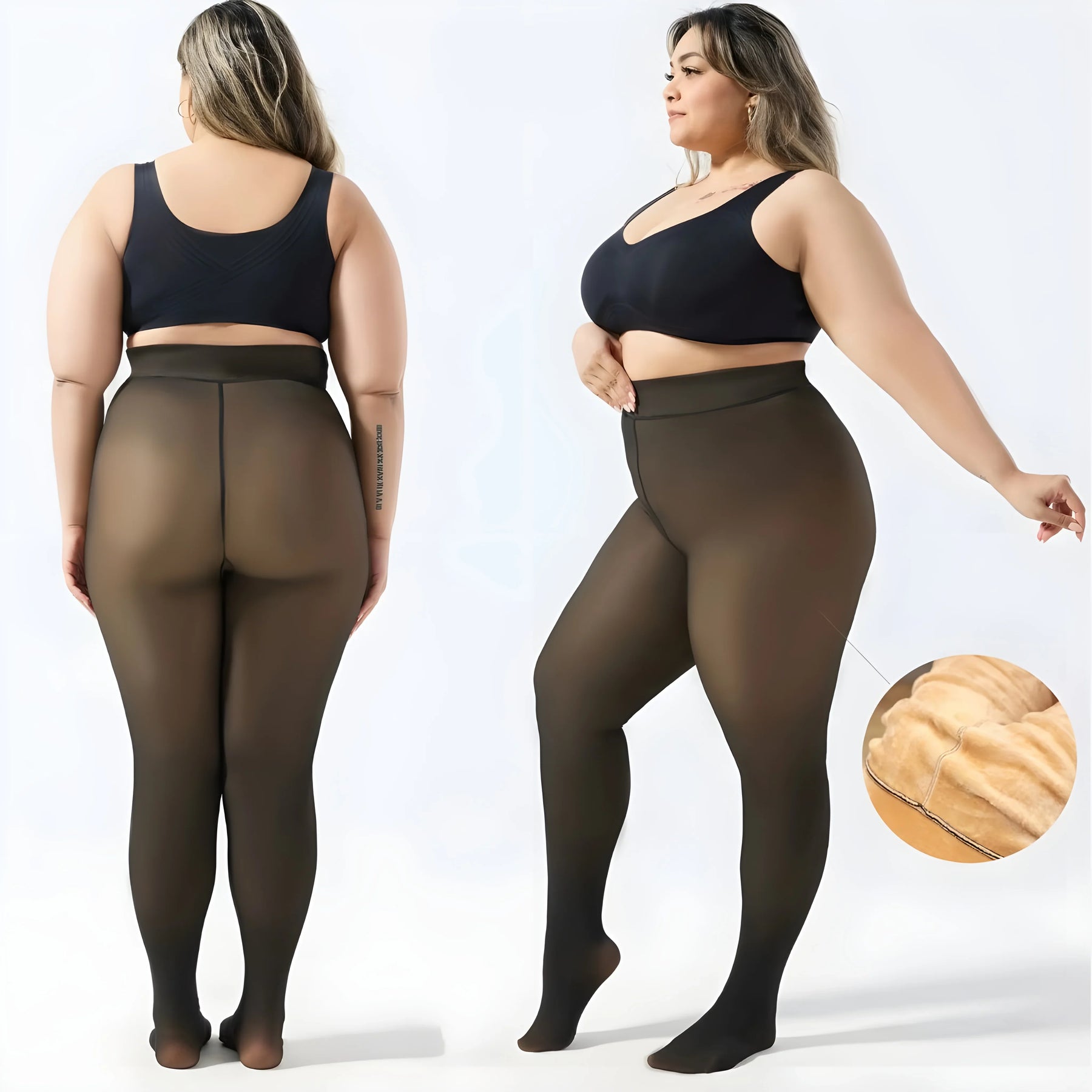 Formivelle fleece-lined tights on model, front and back view, soft warm shapewear close-up