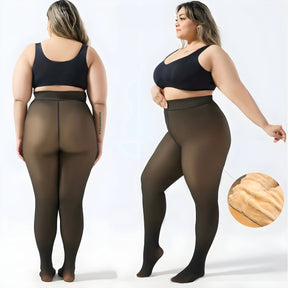 Formivelle fleece-lined tights on model, front and back view, soft warm shapewear close-up