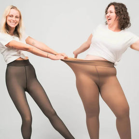 Two women smiling in Formivelle fleece-lined tights demonstrating stretch and comfort