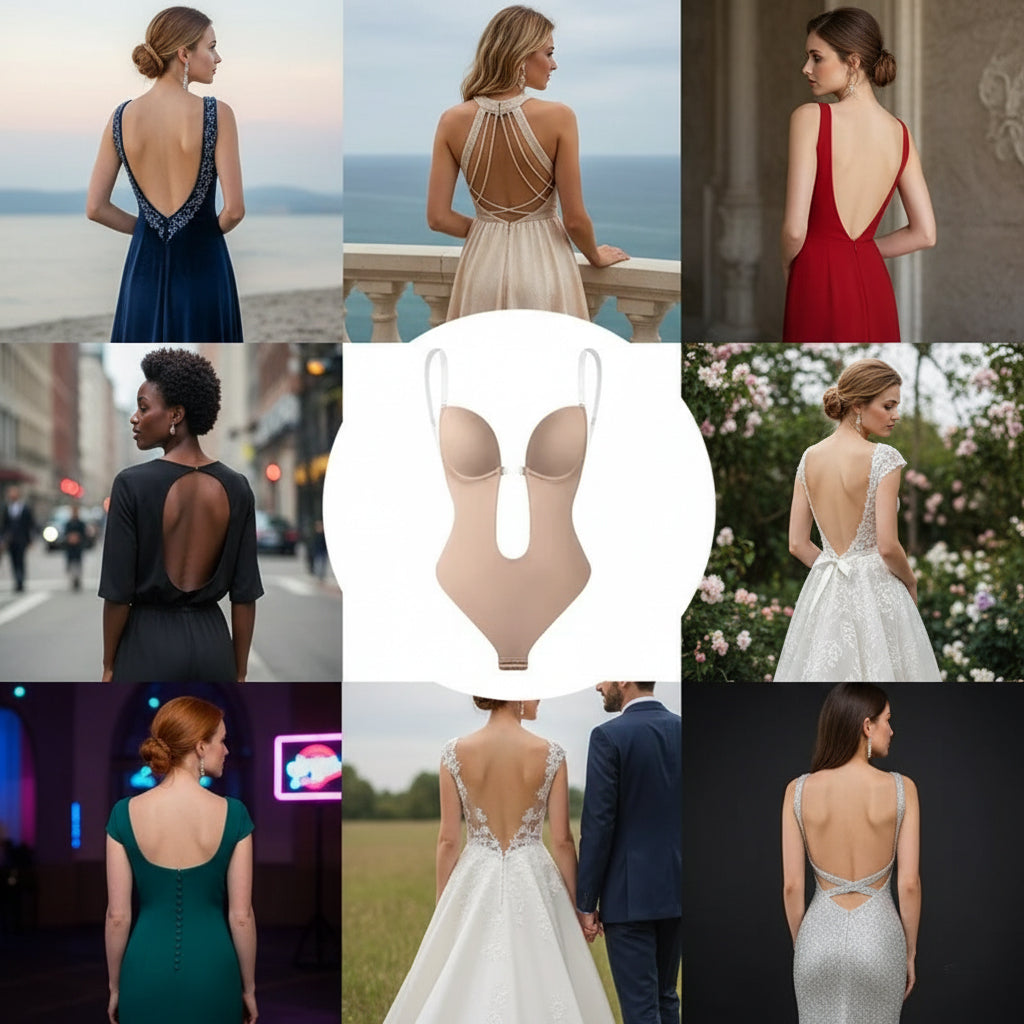 Collage of women in elegant backless dresses and a nude backless bodysuit by Formivelle shapewear.