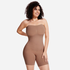 Woman wearing Formivelle convertible strapless sculpting brown bodysuit on white background