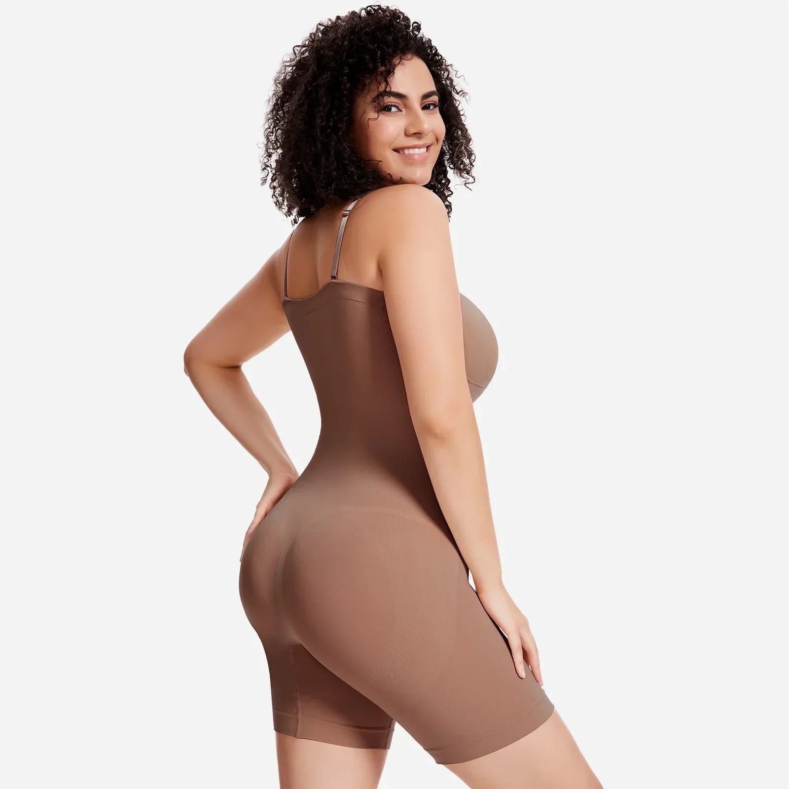 Woman wearing Formivelle convertible strapless sculpting bodysuit in brown