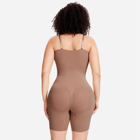 Back view of woman wearing Formivelle brown convertible strapless sculpting bodysuit