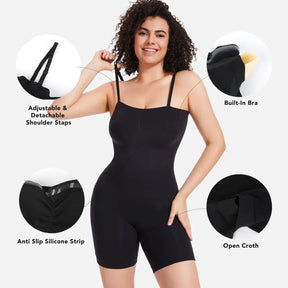 Formivelle black convertible strapless sculpting bodysuit with adjustable straps, built-in bra, anti-slip silicone strip, and open crotch features.