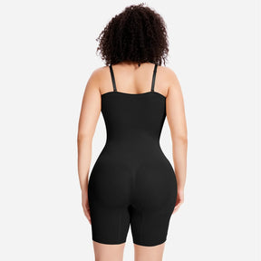 Woman modeling a black Formivelle convertible strapless sculpting bodysuit from the back.