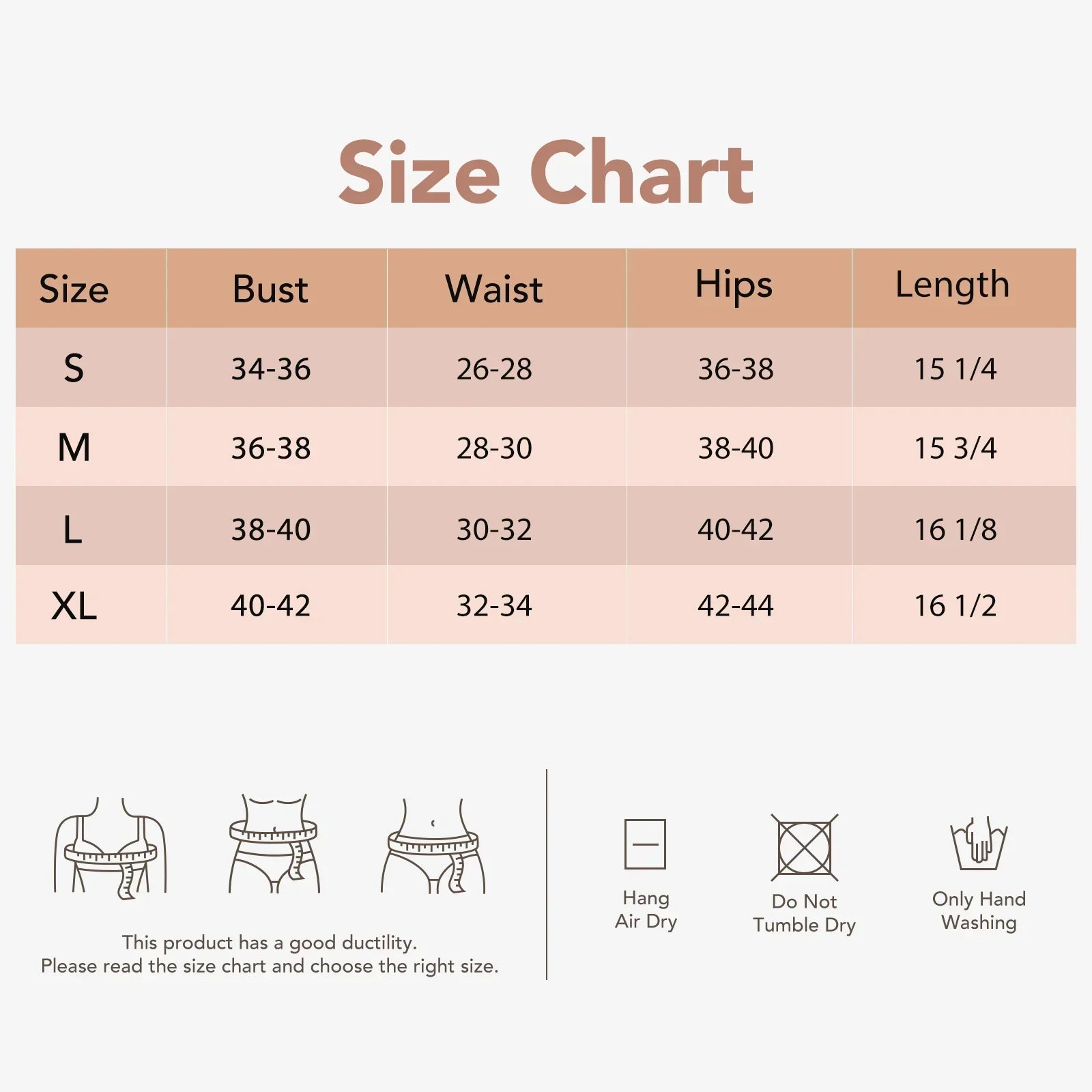 Formivelle bodysuit size chart with bust, waist, hips, length and care instructions