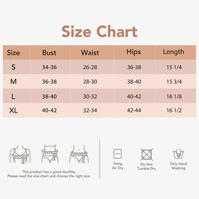 Formivelle bodysuit size chart with bust, waist, hips, length and care instructions