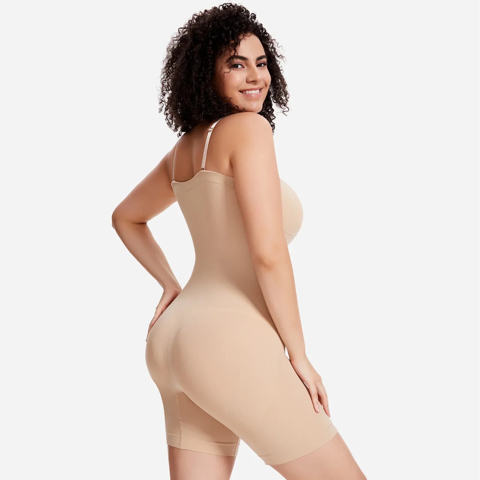 Woman wearing Formivelle nude sculpting bodysuit with adjustable straps, side view