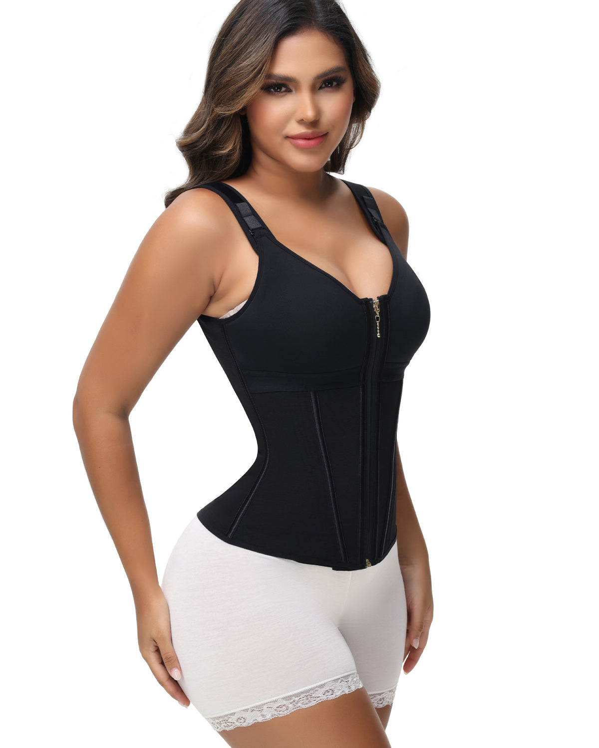 Formivelle Boned Latex Zipper Corset Tummy Control Body Shaper Vest With Bra