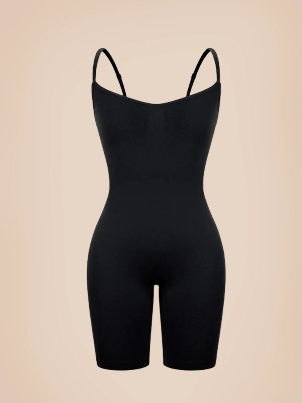 Black mid-thigh shapewear bodysuit with adjustable straps, Formivelle product on plain background