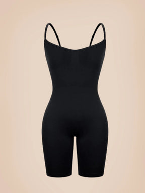 Black mid-thigh shapewear bodysuit with adjustable straps, Formivelle product on plain background