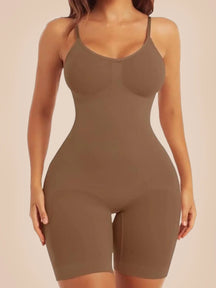 Woman wearing Formivelle brown sculpt and smooth mid-thigh bodysuit shapewear