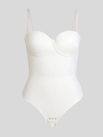 Formivelle white push-up corset bodysuit with straps on beige background