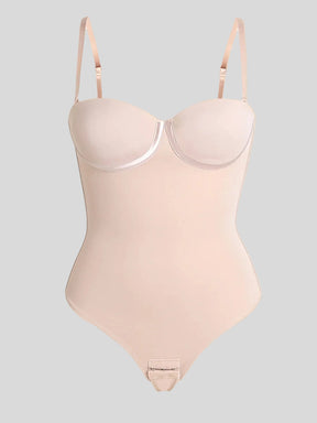 Formivelle nude push-up corset bodysuit with adjustable straps on beige background