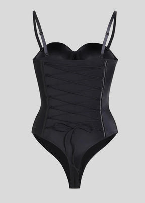 Black Formivelle push-up corset bodysuit with lace-up front and adjustable straps