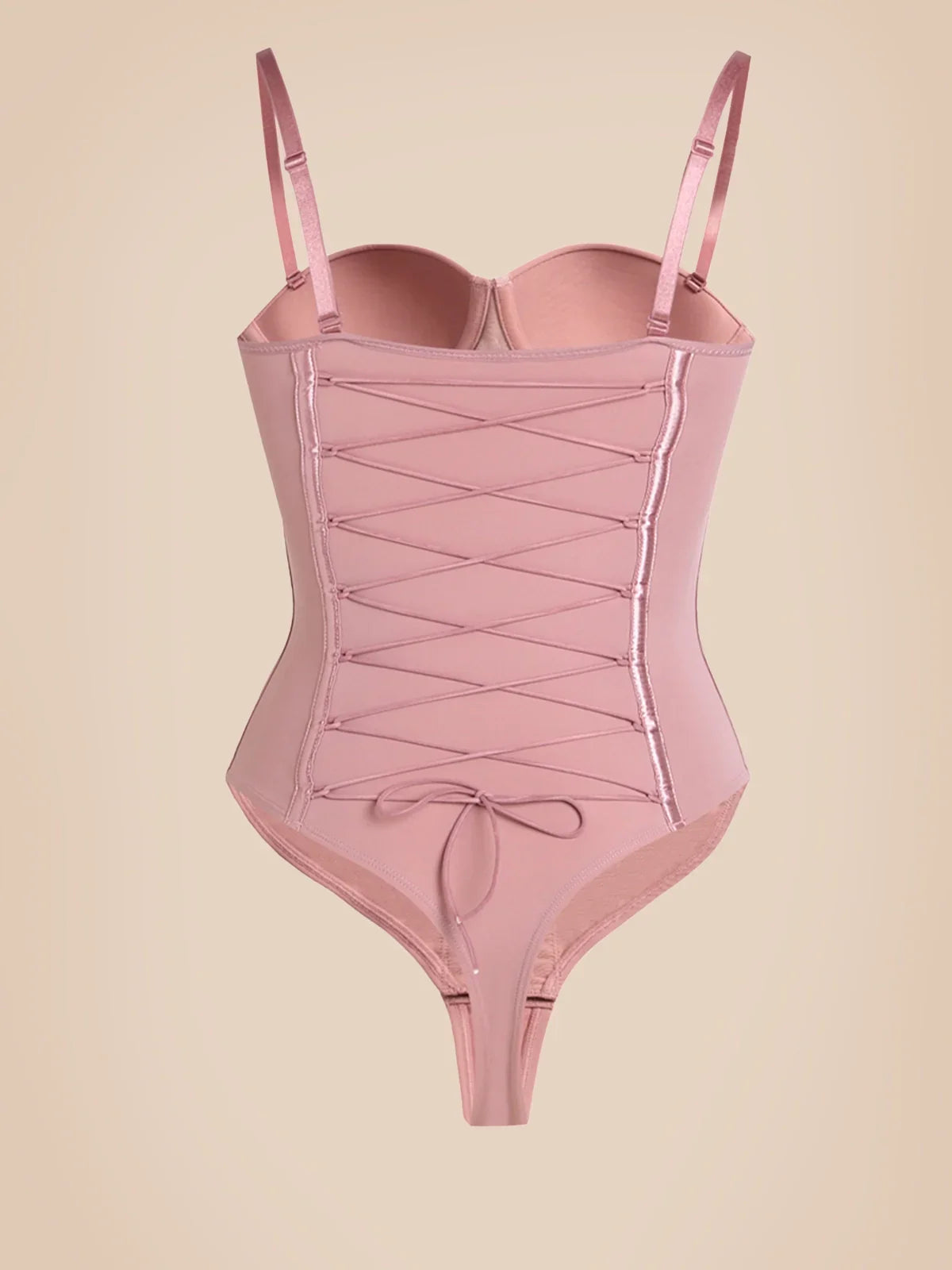 Formivelle blush pink push-up corset bodysuit with lace-up front and adjustable straps