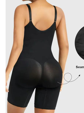 Formivelle zip and cinch sculpting bodysuit in black, shown from the back on model