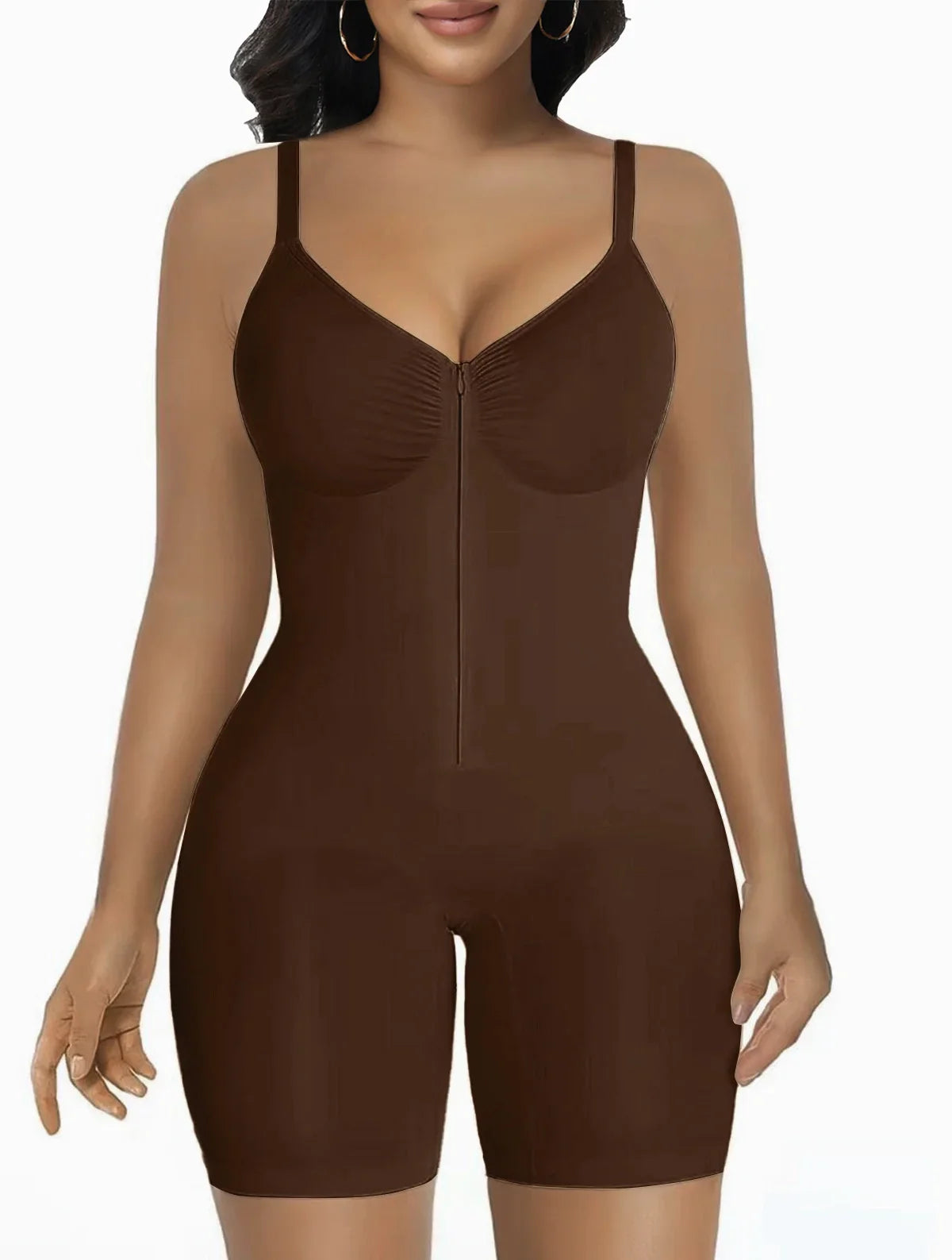 Woman wearing Formivelle brown sculpting bodysuit with zipper front, adjustable straps