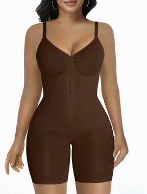 Woman wearing Formivelle brown sculpting bodysuit with zipper front, adjustable straps