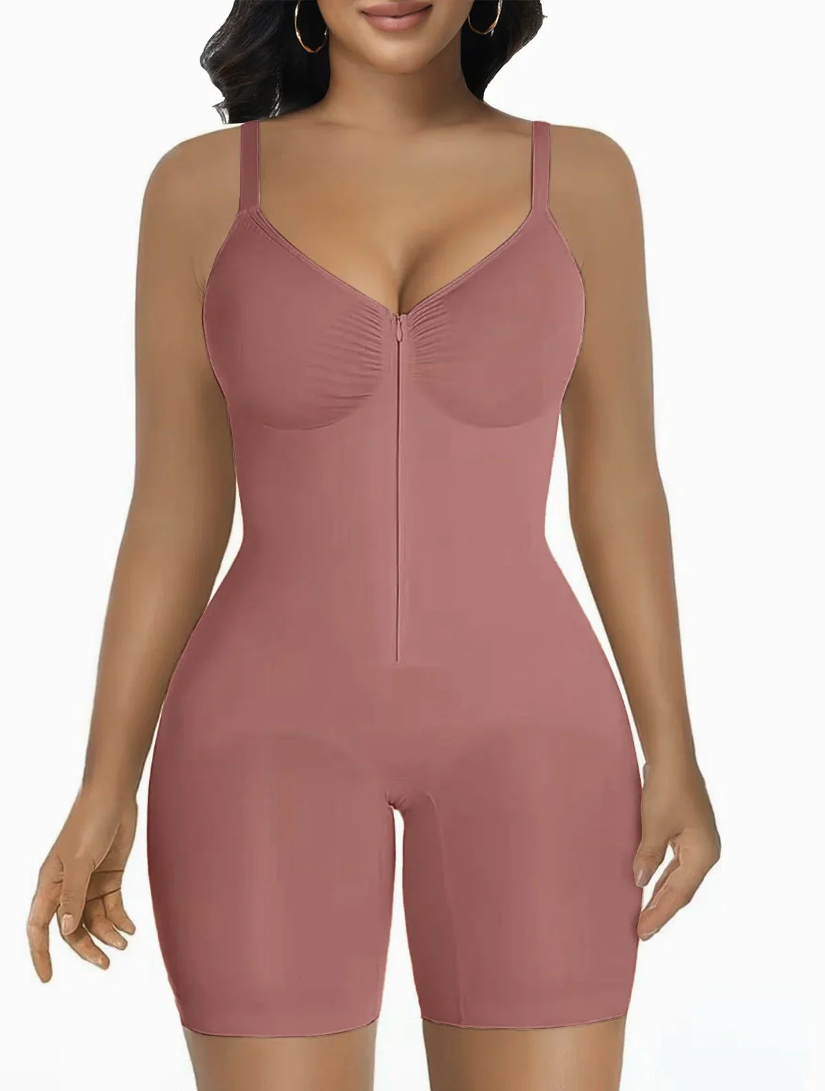 Woman wearing mauve Formivelle sculpting bodysuit shapewear with adjustable straps