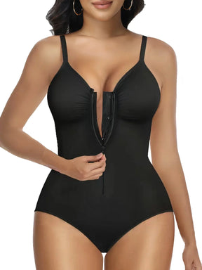 Woman modeling black zip-front sculpting bodysuit by Formivelle shapewear