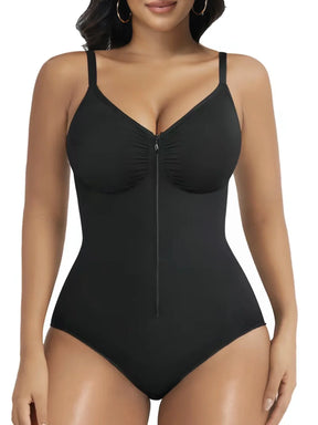 Woman wearing Formivelle black zip-front sculpting bodysuit shapewear with adjustable straps.