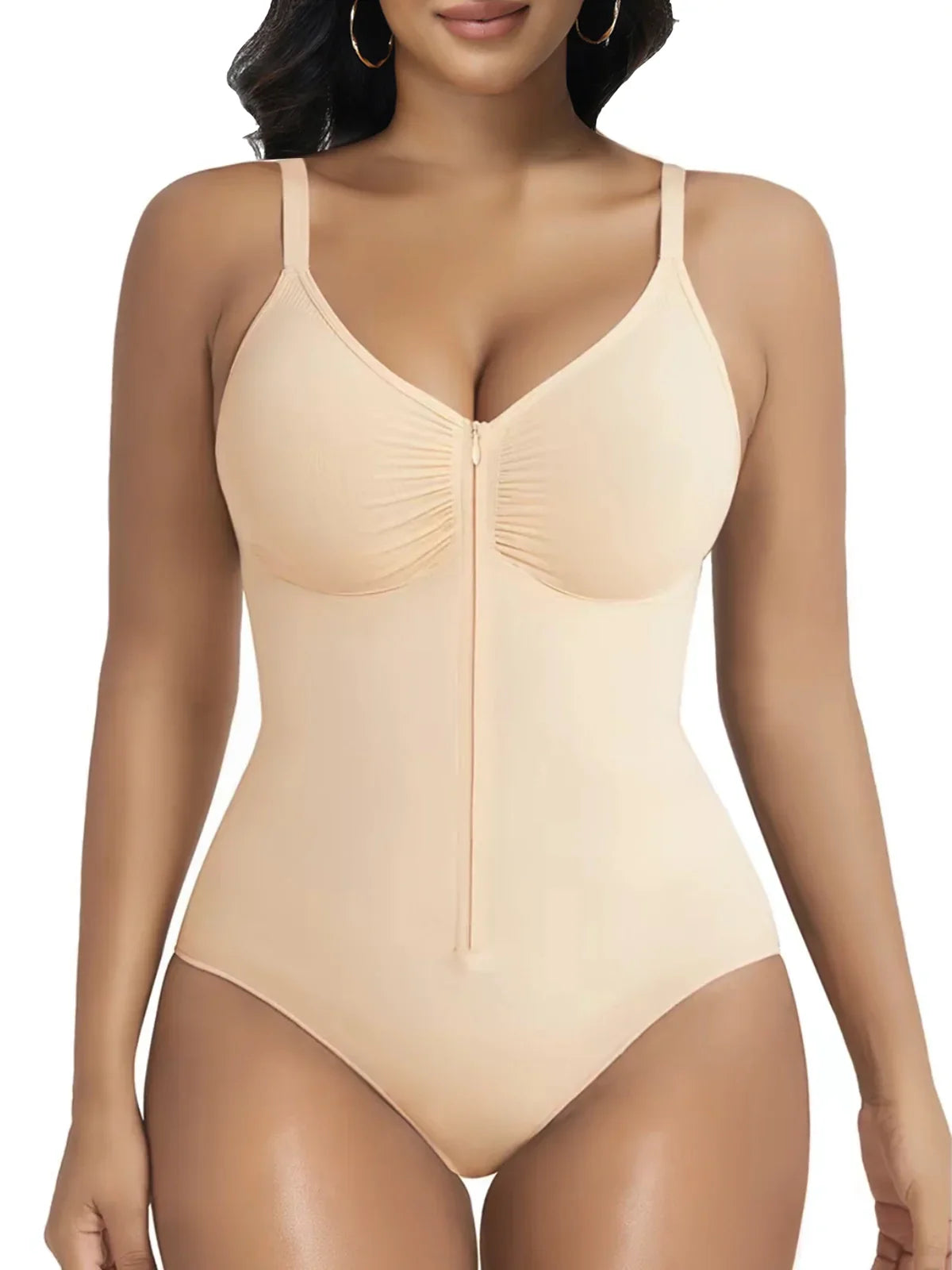 Formivelle zip-front sculpting bodysuit in nude, soft stretchy shapewear on model